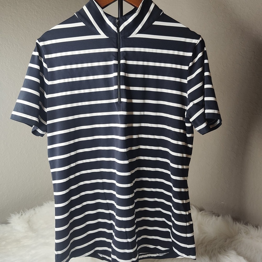IBKUL Polo Top Women Medium Navy Blue Striped Short Sleeve Quarter Zip Mock Neck